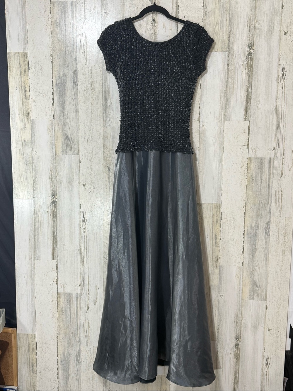 JS Collections Vintage Gown Black Silver Textured Bodice and Shimmer Dress